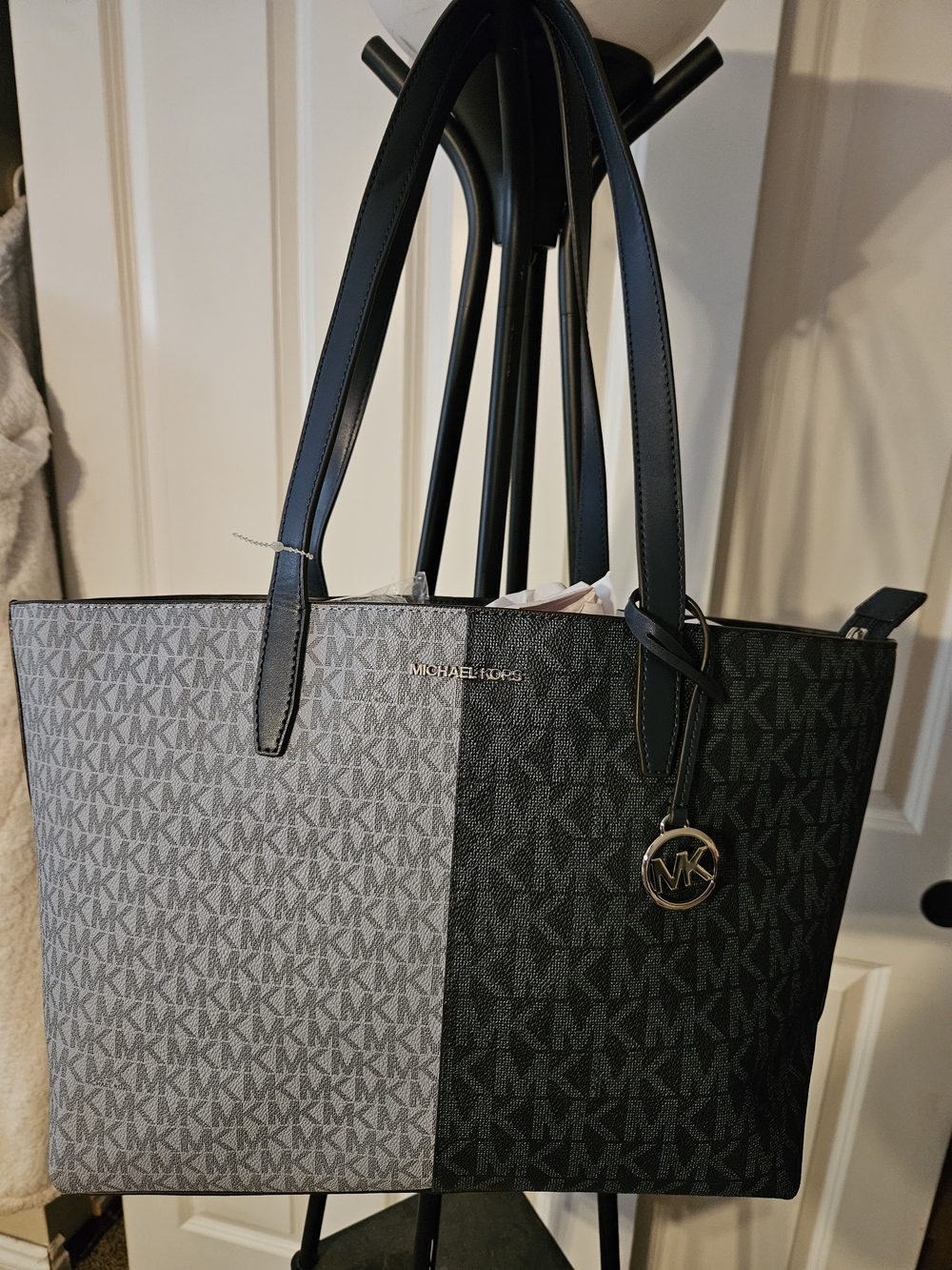 Michael Kors Two-Tone MK Signature Tote in Light Gray and Black